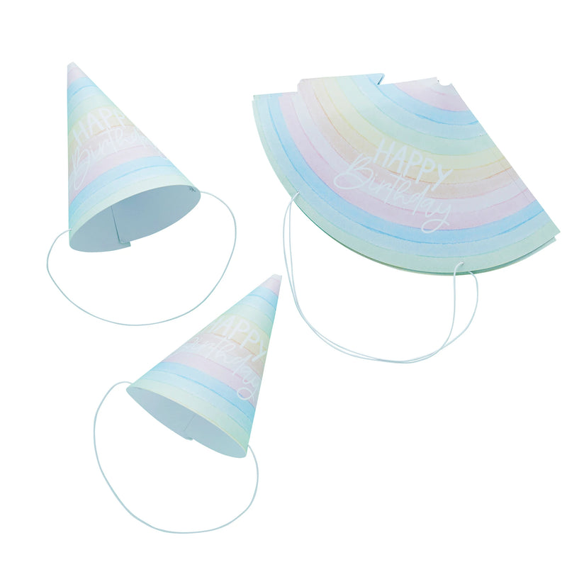 Eco Rainbow Party Hats with White Happy Birthday Message Pack of 10