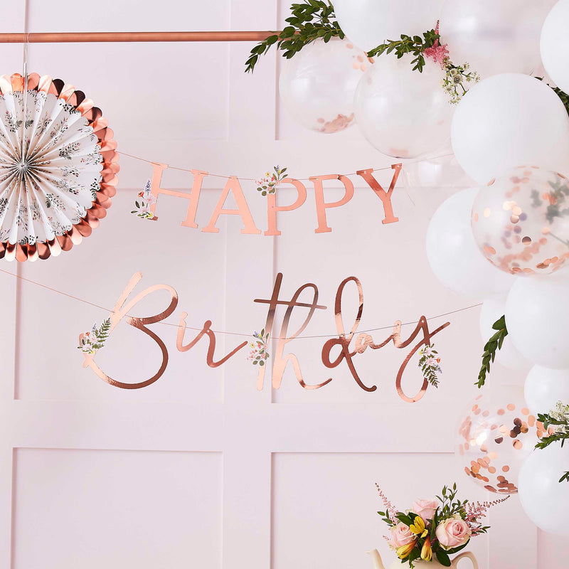 Rose Gold and Floral Happy Birthday Garland 2 Metres