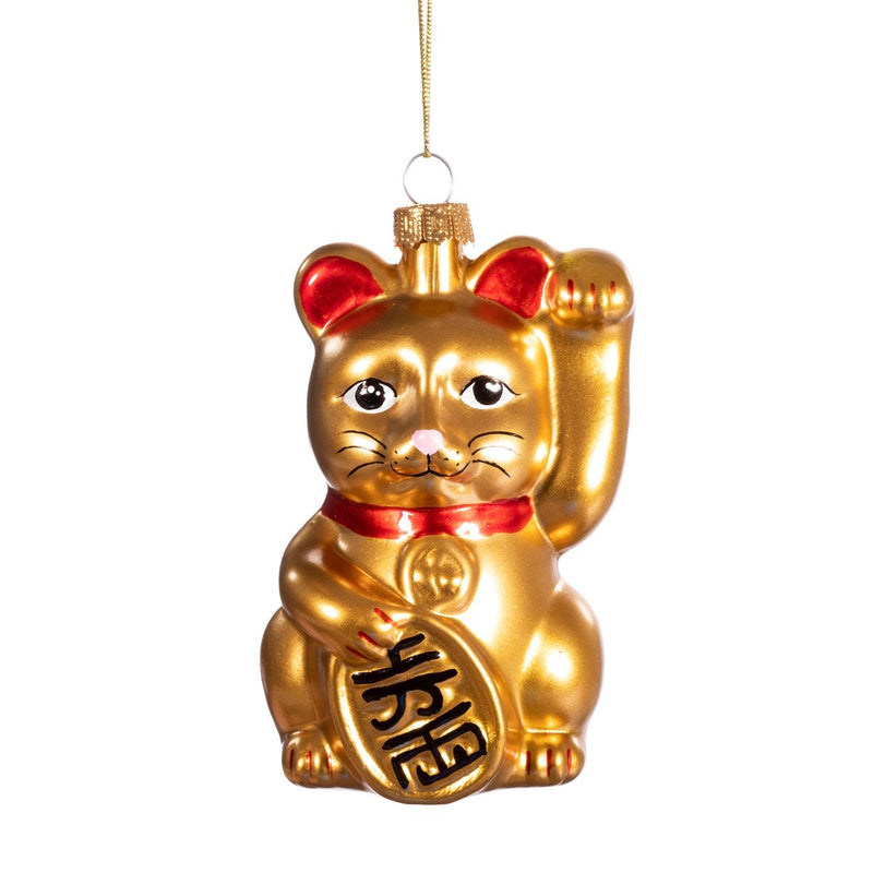 Gold Lucky Cat With A koban Gold Coin Hanging Christmas Bauble
