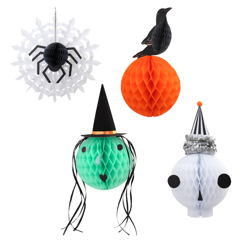 Halloween Head Honeycomb Hanging Decoration Pack of 4 Witch Spider Crow Skull