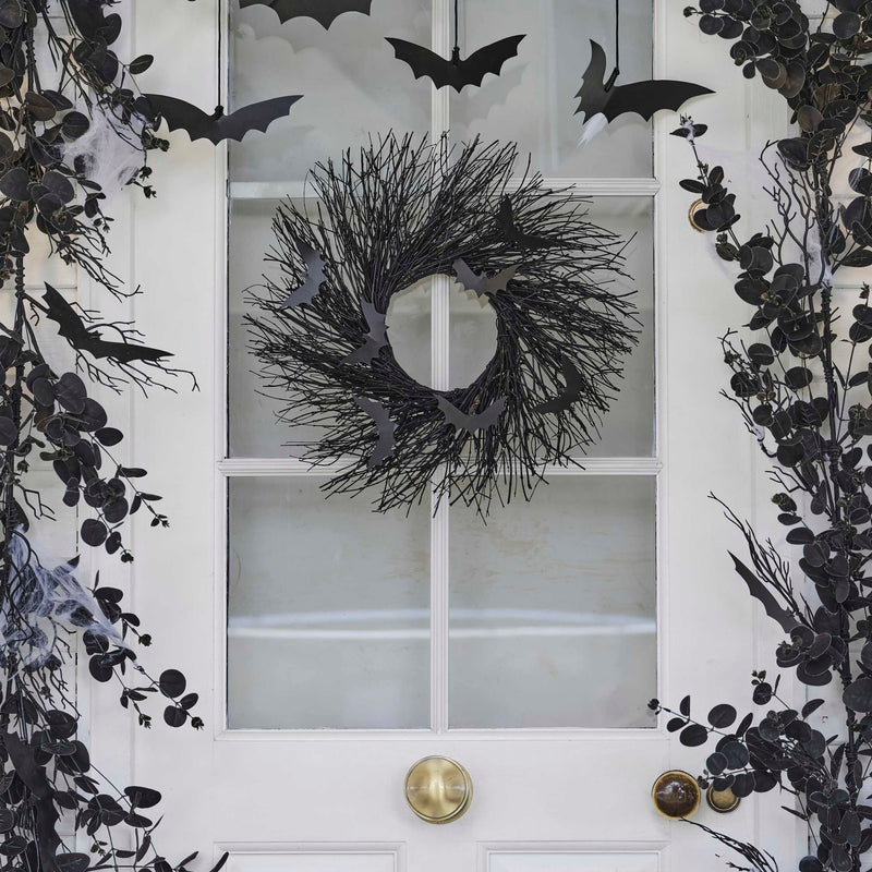 Black Twig Halloween Wreath with Bats 45cm