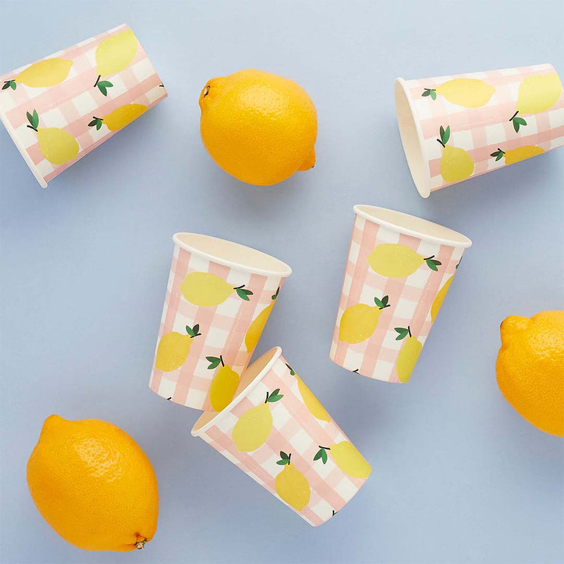 Lemon and Gingham Paper Cups Pack of 8