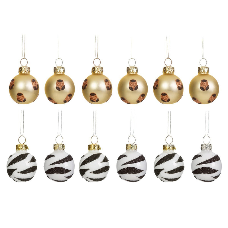 Mini Leopard & Zebra Baubles - Set Of 12 Hanging Decoration Baubles
