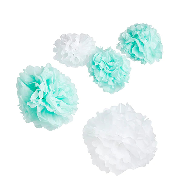 Mint and White Pompom Tissue Paper Decoration Pack of 5