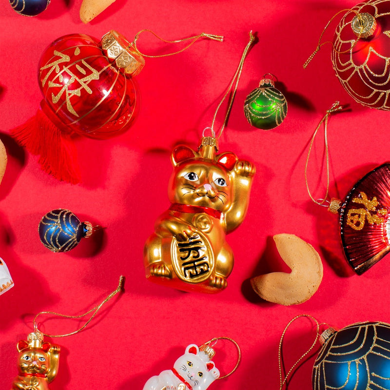 Gold Lucky Cat With A koban Gold Coin Hanging Christmas Bauble