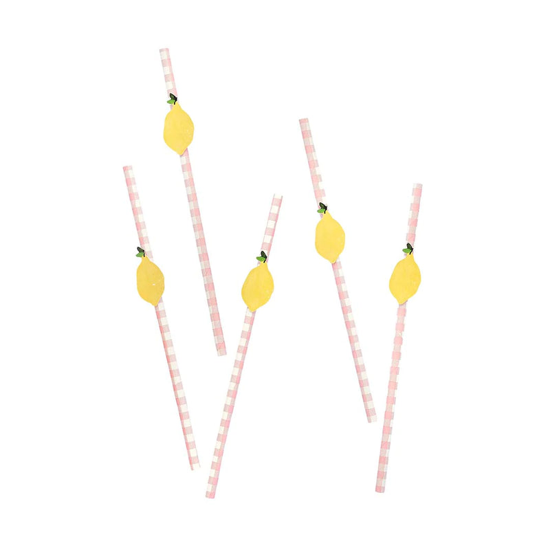 Lemon and Pink Gingham Paper Straws Pack of 20