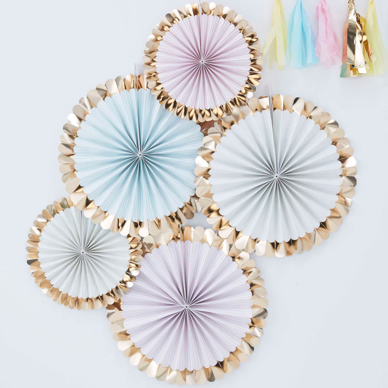 Gold Foil Pastel Pinwheel Fan Decorations Pack of 5