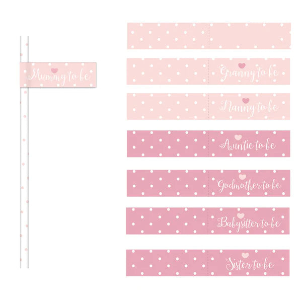 Pink and White Baby Shower Paper Straws with Personalised Paper Flags Pack of 20