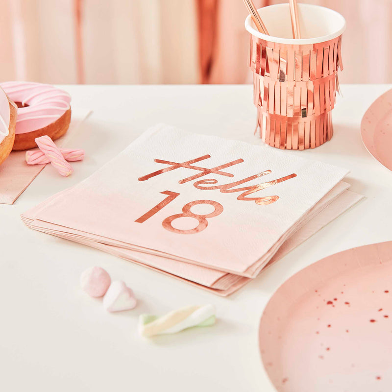 Rose Gold and Pink Hello 18 Milestone Napkins Pack of 16