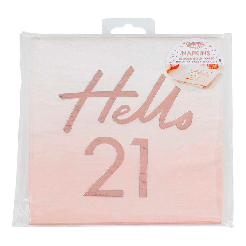 Rose Gold and Pink Hello 21 Milestone Napkins Pack of 16