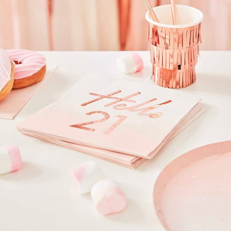 Rose Gold and Pink Hello 21 Milestone Napkins Pack of 16