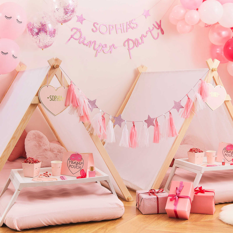 Pink and White Tassel Garland with Glitter Stars 2 Metres