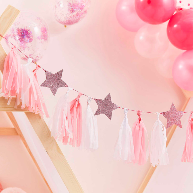 Pink and White Tassel Garland with Glitter Stars 2 Metres