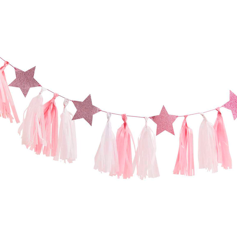 Pink and White Tassel Garland with Glitter Stars 2 Metres