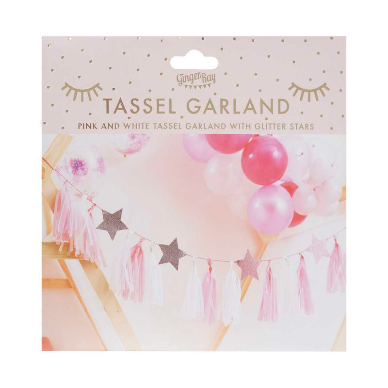 Pink and White Tassel Garland with Glitter Stars 2 Metres