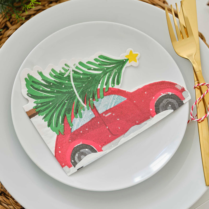 Festive Car and Christmas Tree Paper Christmas Napkins Pack of 16