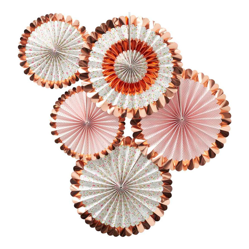 Rose Gold Floral Pinwheel Fan Decorations Pack of 5