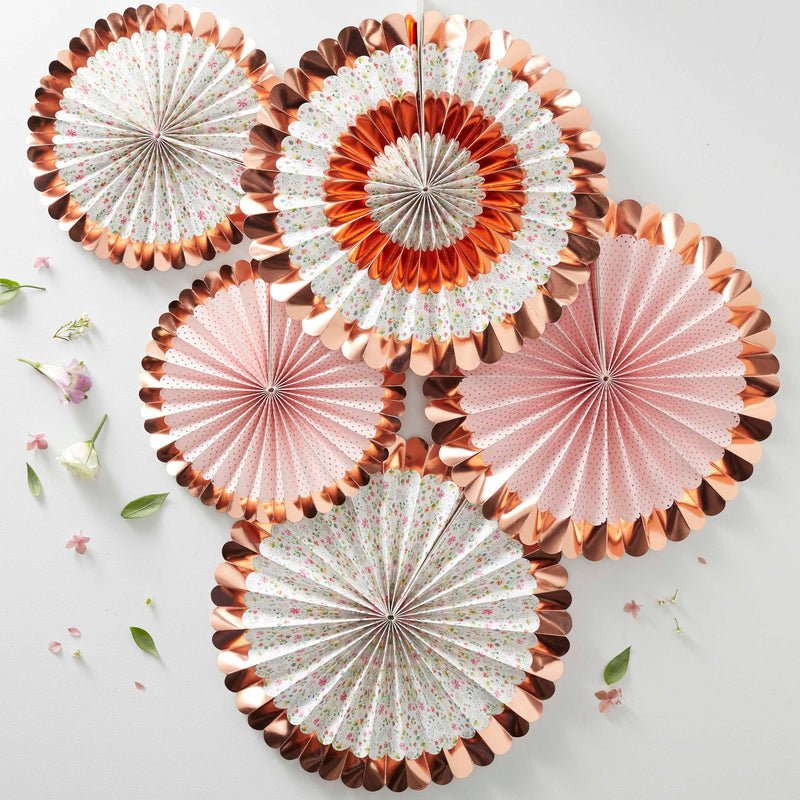 Rose Gold Floral Pinwheel Fan Decorations Pack of 5
