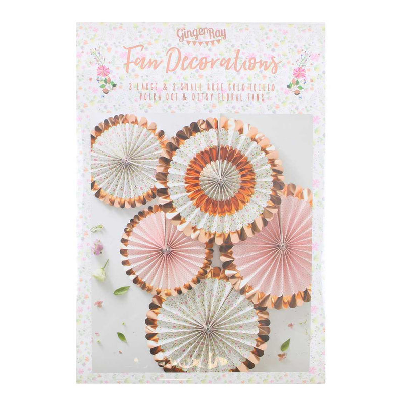 Rose Gold Floral Pinwheel Fan Decorations Pack of 5