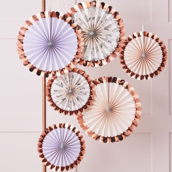 Rose Gold Foiled Pastel and Floral Pinwheel Fan Decorations Pack of 6