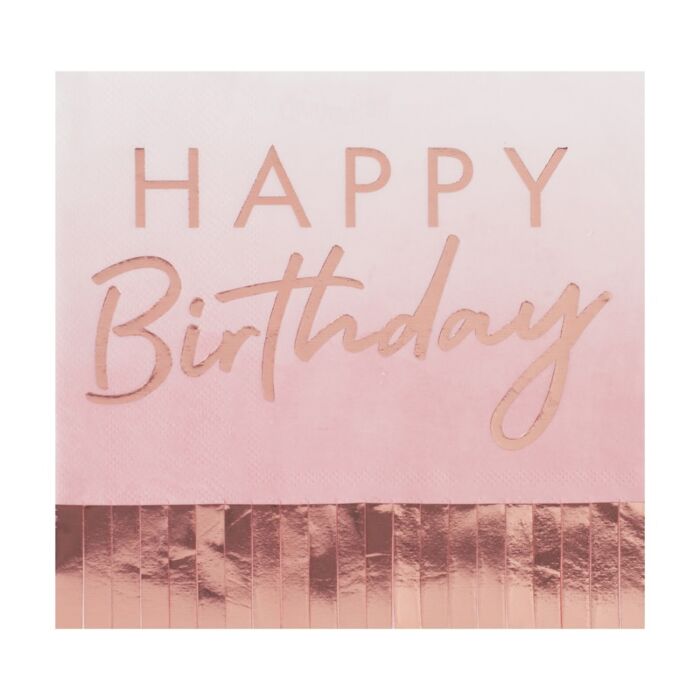 Rose Gold and Pink Ombre Fringe Happy Birthday  Napkins Pack of 16