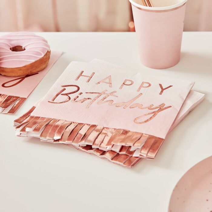 Rose Gold and Pink Ombre Fringe Happy Birthday  Napkins Pack of 16