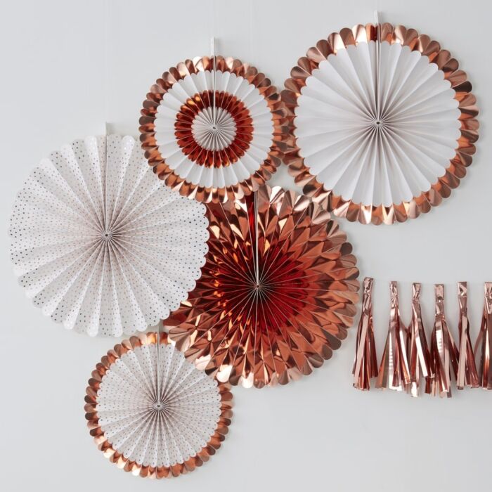 Rose Gold Foiled Pinwheel Fan Decorations Pack of 5