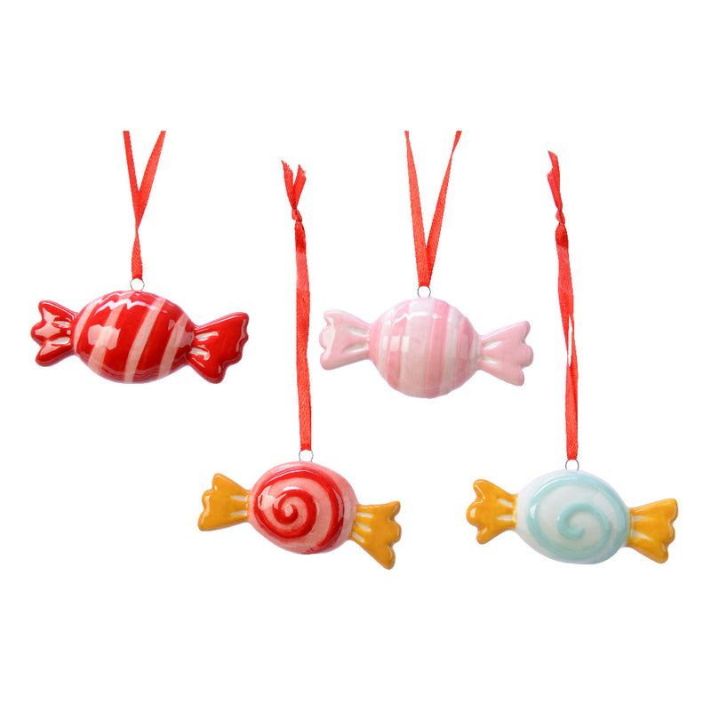 Wrapped Candies Shaped 3d - set of 4 Ceramic Hanging Christmas Decoration Baubles