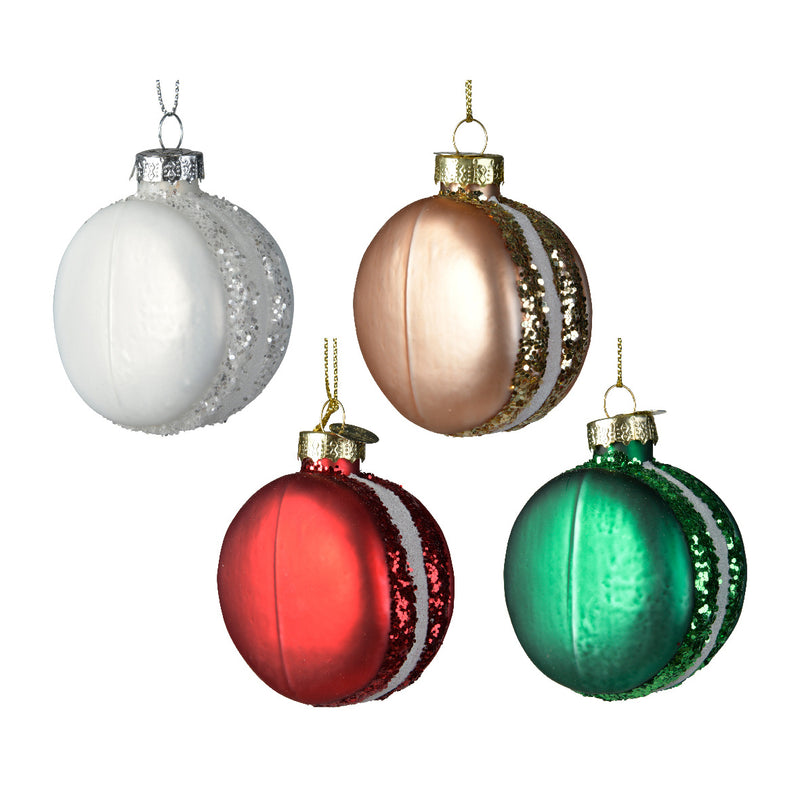 Glitter Macarons Shiny Glass 3D Shaped Hanging Christmas Baubles Set of 4