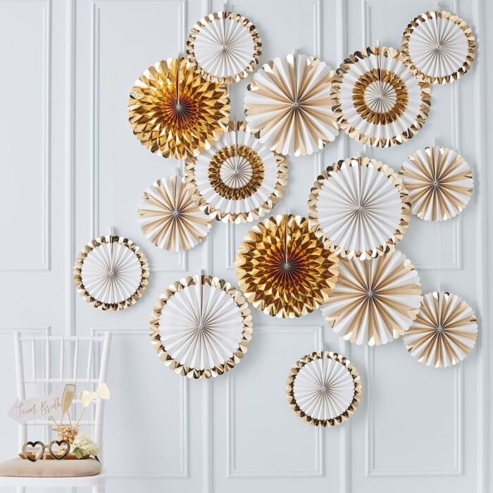 White and Gold Foiled Paper Fan Decorations Pack of 15