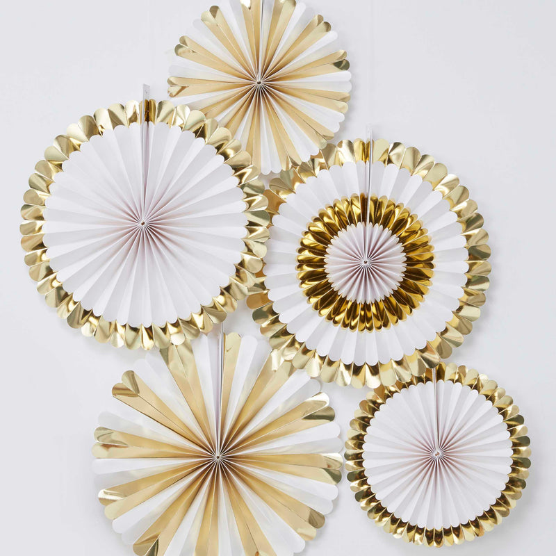 White and Gold Foiled Pinwheel Fan Decorations Pack of 5