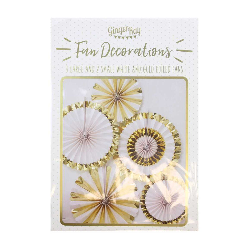 White and Gold Foiled Pinwheel Fan Decorations Pack of 5