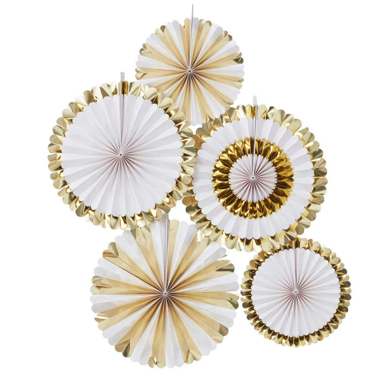 White and Gold Foiled Pinwheel Fan Decorations Pack of 5